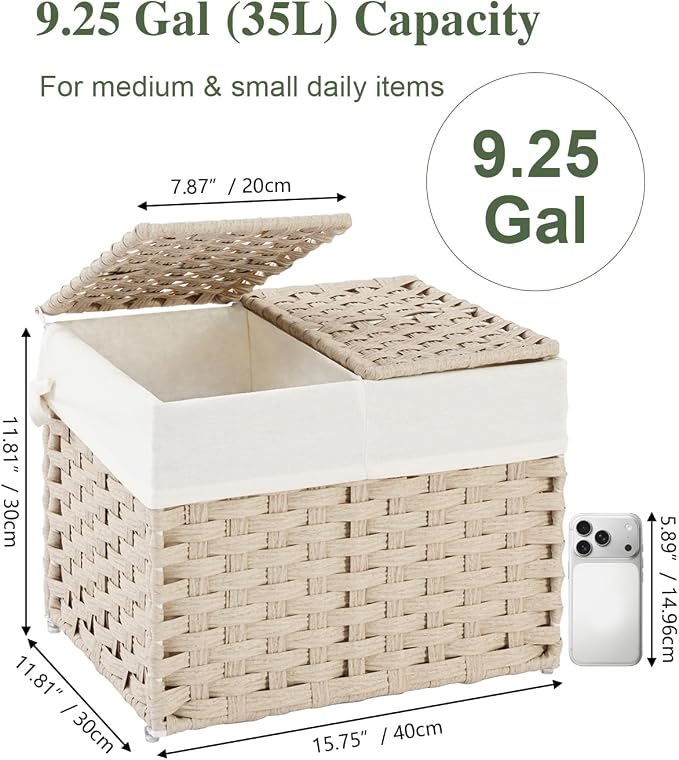 SETVSON Storage Basket with Lid Woven Wicker Baskets with 2 Separate Lid, 9.2 Gallon (35 L) Wicker Storage Bins with Handles, Foldable and 2 Removable Liner Bags for Bedroom, Laundry Room Light Khaki - Image 2
