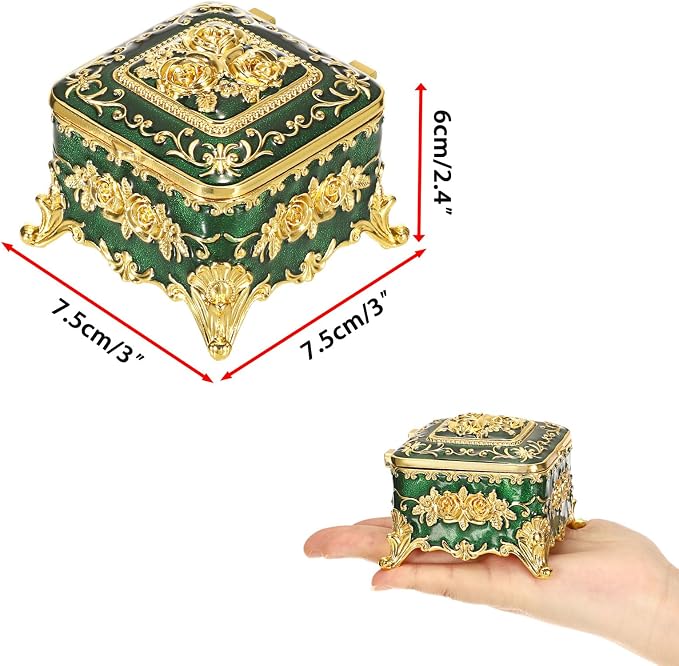 Hipiwe Vintage Jewelry Box Small Trinket Storage Organizer Box Gold Metal Chest Ring Case Treasure Chest Square Keepsake Boxes for Earrings Necklace Gift for Women,Green - Image 2