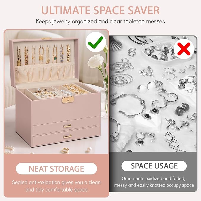 AKOZLIN Travel Jewelry Box Organizer Functional 2-trays Leather Jewelry Storage Case with Lockable Portable 2 Drawers for Women Girls Ring Necklace Earring Bracelet - Image 8