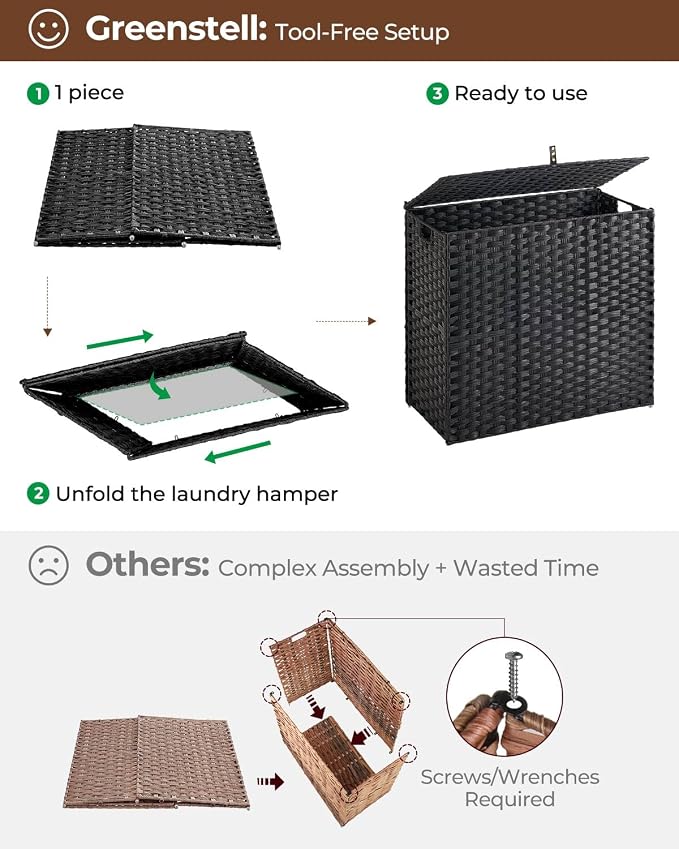 Greenstell Laundry Hamper with lid, No Install Needed, 130L Wicker Laundry Baskets Foldable 2 Removable Liner Bags, 2 Section Clothes Hamper Handwoven Rattan Laundry Basket with Handles, Black - Image 5
