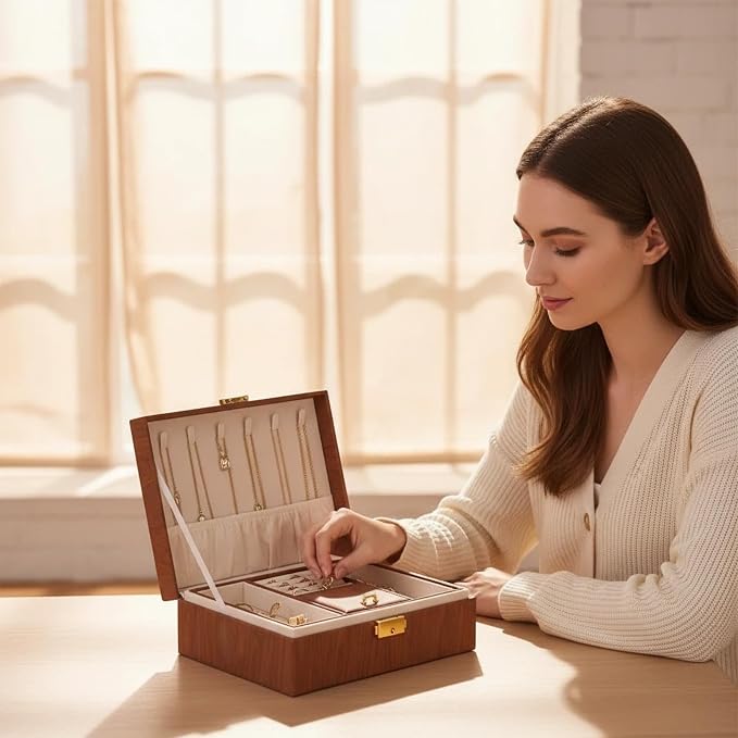 Jewelry Box Organizer for Women Girls Gift, 2 Layer Large Jewelry Storage Case, Vintage Wood PU Leather Display Jewellery Holder with Removable Tray for Necklace (Redwood grain) - Image 2