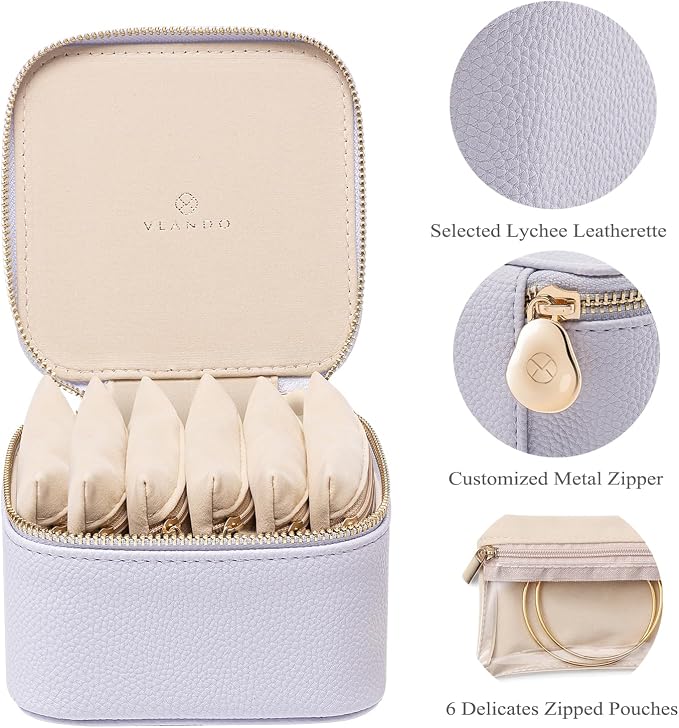 VLANDO Travel Jewelry Box Organizer – Portable PU Leather Jewelry Case with 6/8/12 Zippered Pouches, Compact Storage for Earrings Rings Necklaces Bracelets, Lilac Purple - Image 6