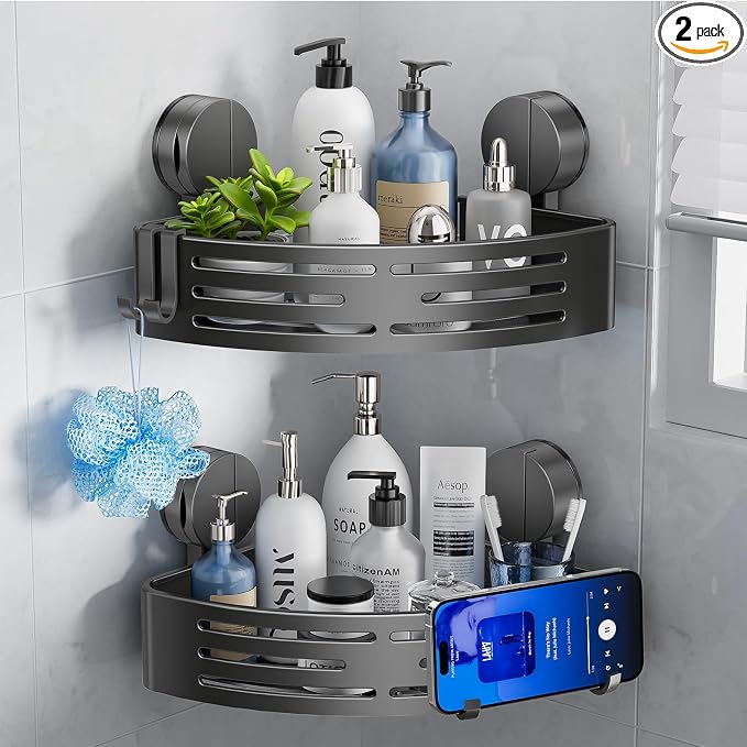 ONXE Suction Cup Shower Caddy,No Drilling Corner Shower Shelves Heavy Duty,Shower Organizer with Hooks,Rustproof Waterproof Space Aluminum Bathroom Storage,Home Accessories Decor by ONXEBornforqualityNeverWasteYourMoney