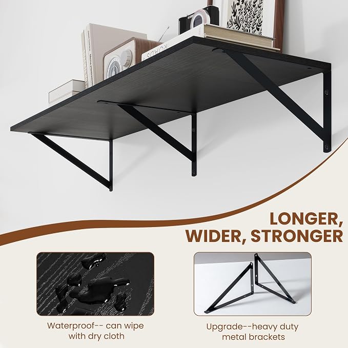 Heimlove Black Deep Floating Shelves for Wall, 36W x 12D Wood Wall Shelves Set of 2, Wide Floating Bookshelf for Living Room, Kitchen, Office, Bedroom and Decor Storage, with Metal Bracket - Black - Image 5