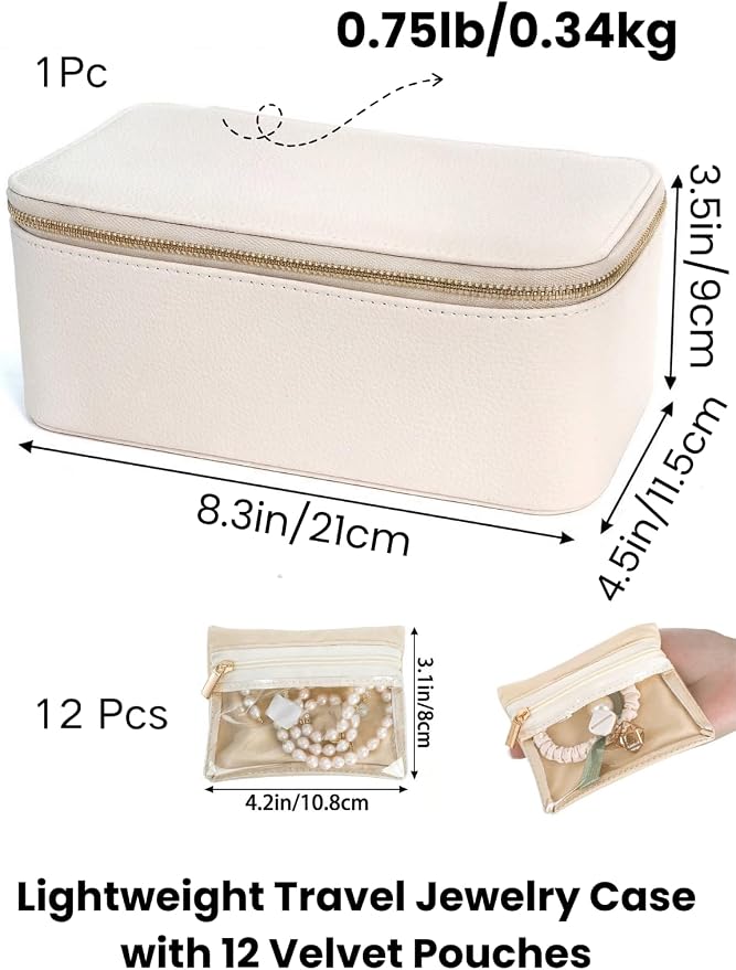 Hacaroa Travel Jewelry Case with 12 Velvet Pouches, Jewelry Storage Organizer Box PU Leather, Clear Window Small Bags Wedding Gifts for Earrings, Necklaces, Bracelets, Rings, Women, Girls, Cream White - Image 2