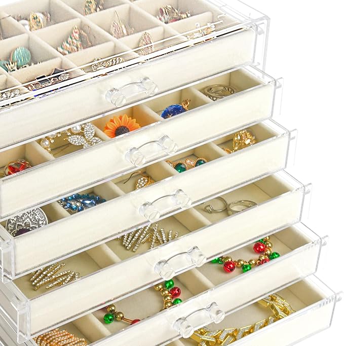 Watpot Acrylic Jewelry Box with 6 Drawers, Clear Earring Storage Organizer Display Case for Women Girls, Beige - Image 6