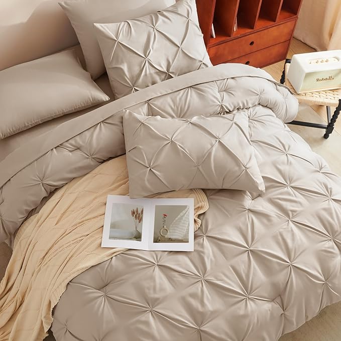 CozyLux Full Size Comforter Sets Wheat, 7 Pieces Pintuck Bed in A Bag Wheat Comforter Full Size, Pinch Pleat Bedding Sets with All Season Comforter, Sheets, Pillowcases & Shams