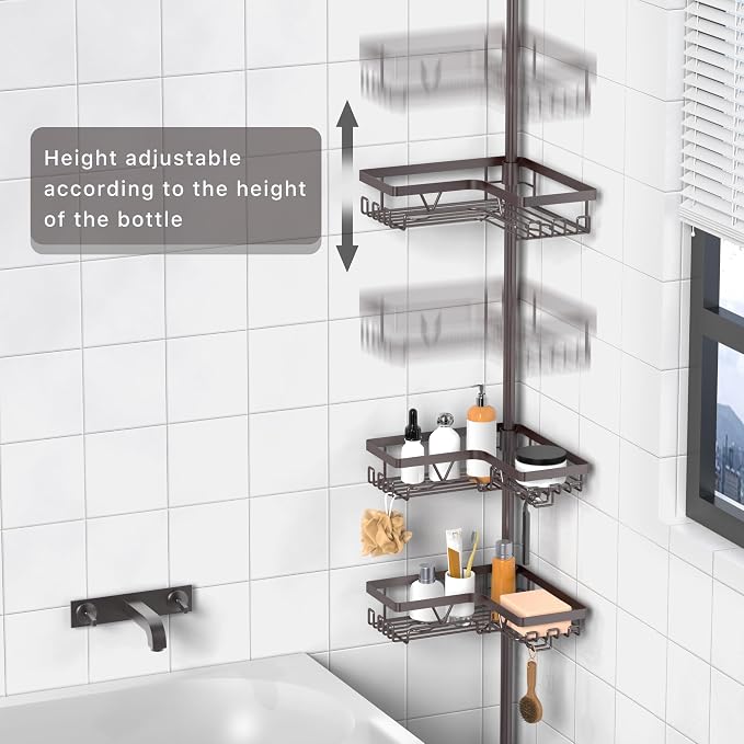 KEGII Shower Caddy Tension Pole with 2 Towel Bars, Adjustable Corner Bathroom Organizer, Rustproof Bathtub Storage Shelves for Shampoo, 25–114.2 Inch Shower Corner Rack for Renters & Family, Bronze - Image 4