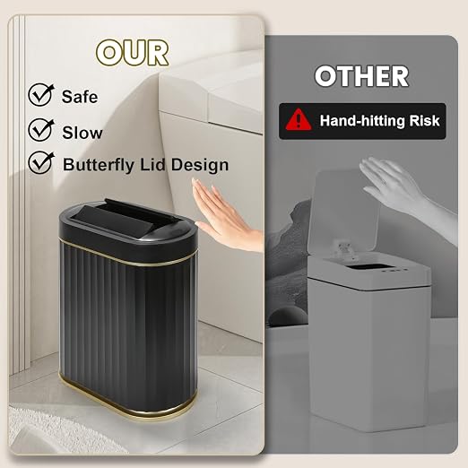 ELPHECO Bathroom Trash Can with Lid Butterfly, Motion Sensor Trash Can Bathroom Decor Automatic Garbage Can Wastebasket Bathroom Accessories, Kitchen, Living Room, Office, Black Gold - Image 5