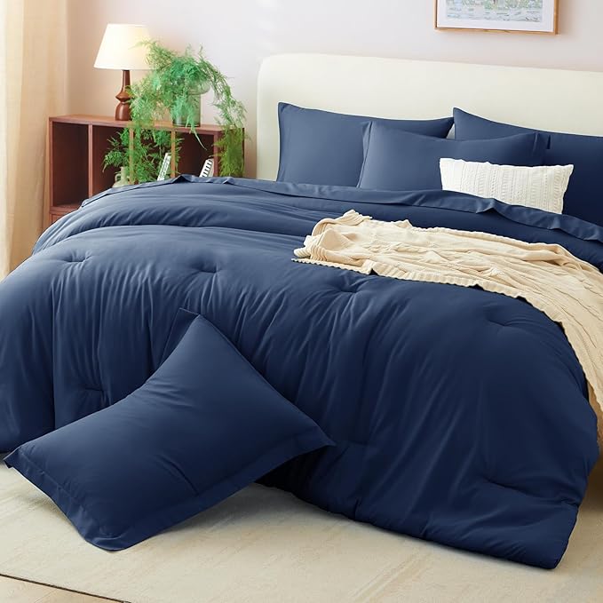 CozyLux Twin Comforter Set Navy Blue, 5 Pieces Bed in a Bag Twin Comforter Set with Sheets, All Season Bed Sets with Down Alternative Comforter, Fitted Sheet, Flat Sheet, Pillow Sham and Pillowcase