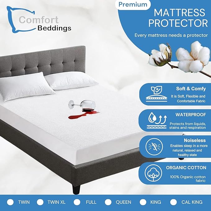Comfort Beddings 100% Organic Cotton Mattress Protector Short Alaskan King Mattress Cover 250GSM, Waterproof, Noiseless Fitted Bed Cover Protector with 18" Deep Pocket