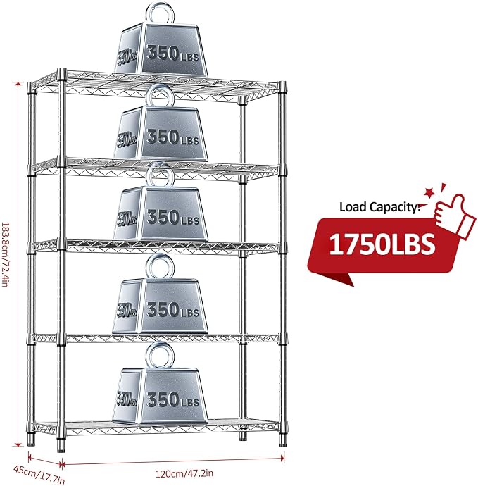 IZEUK 5-Tier Heavy Duty Metal Storage Shelving Unit (Chrome, 17.7" D x 47.2" W x 72.3" H, 1750 lbs Capacity), Adjustable Steel Wire Rack Shelf Organizer for Garage, Kitchen, Pantry, Basement, Laundry - Image 3