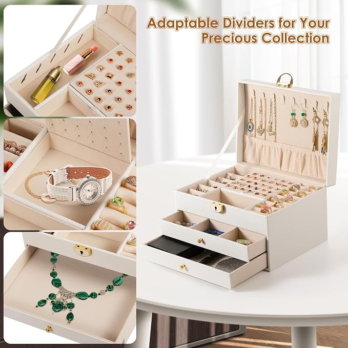 coobest 3 Layer Jewelry Box, Lockable Jewelry Holder Organizer with Jewelry Drawer, Large Jewelry Boxes & Organizer with Velvet Earring Storage, Unique Gifts for Women Mom - Image 6
