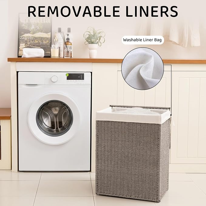 OIAHOMY Laundry Hamper with Lid, 90L(23.8 Gal) Large Wicker Laundry Basket for Bedroom, Handwoven Paper Rope Clothes Hamper with Washable Liner & Metal Frame, Decorative Organizer for Bathroom Grey - Image 6