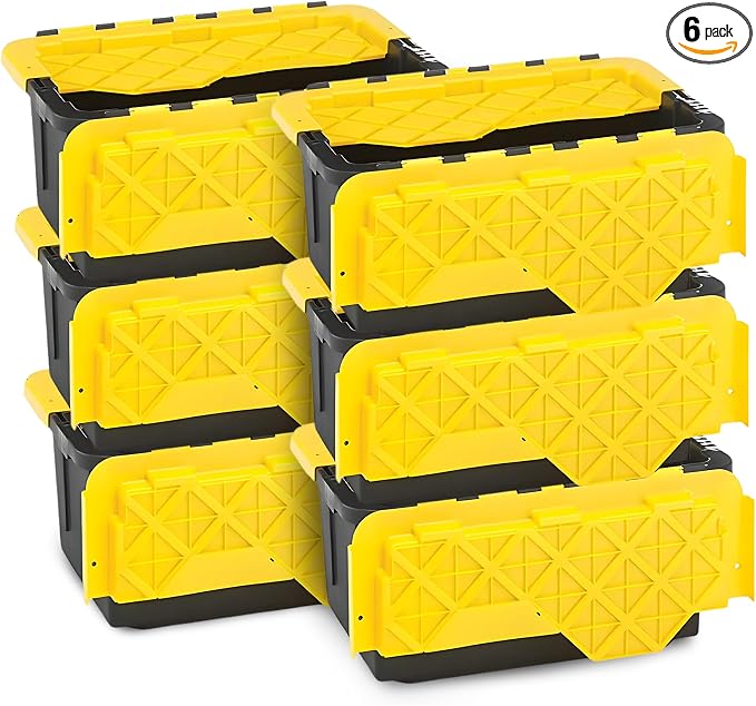 HOMZ 6-Pack Durabilt Tote, Heavy Duty Plastic Storage Bins with Lids, 15 Gallon, Black/Yellow - Stackable Organizing Containers for Home, Garage, and Office by Homz