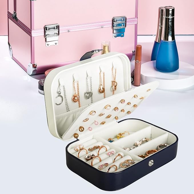Hatori Travel Jewelry Box, PU Leather Small Jewelry Organizer for Women Girls, Portable Mini Travel Case Display Storage Holder Boxes for Stud Earrings, Rings, Necklaces, Bracelets (Blue) - Image 2