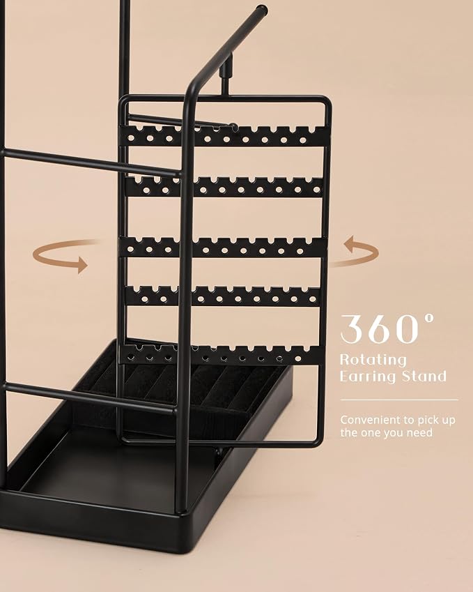 ProCase Jewelry Stand Holder Organizer, Jewelry Display Storage with Ring Tray, Rotating Earring Bracelet Necklace Holder, Valentine's Gifts Room Dorm Decor for Teen Girls -Black (No-Assembly) - Image 5