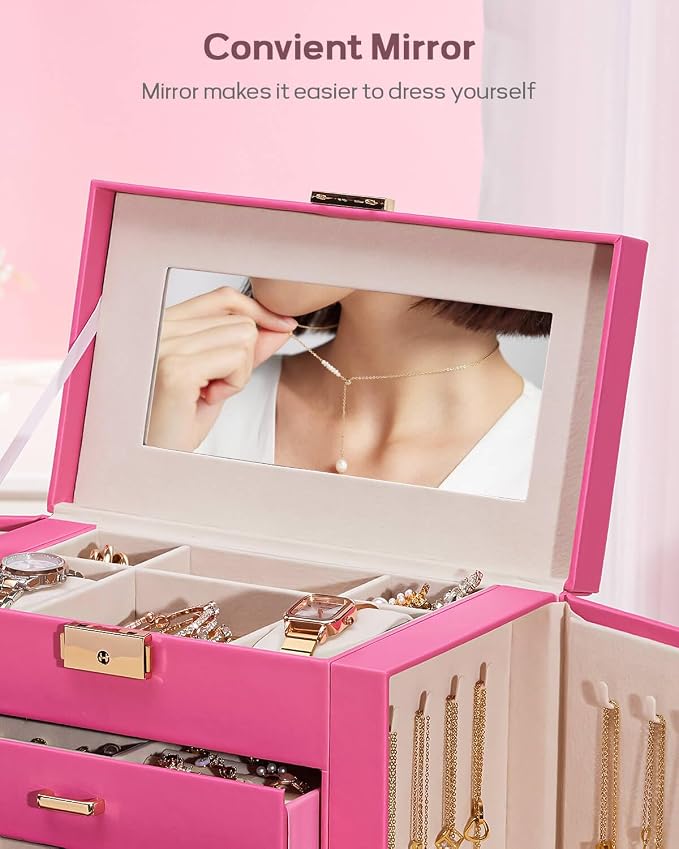 Homde Synthetic Leather Huge Jewelry Box Mirrored Watch Organizer Necklace Ring Earring Storage Lockable Gift Case (Pink + Gold) - Image 7