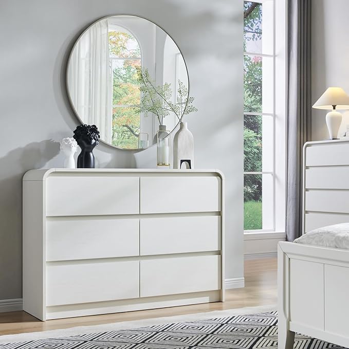 Aitjunz Modern 6 Drawers Dresser for Bedroom, 47" Wide Wood Dressers & Chests of Drawers with Curved Profile Design, Mid Century Modern Dresser for Closet for Bedroom, Living Room, Antique White