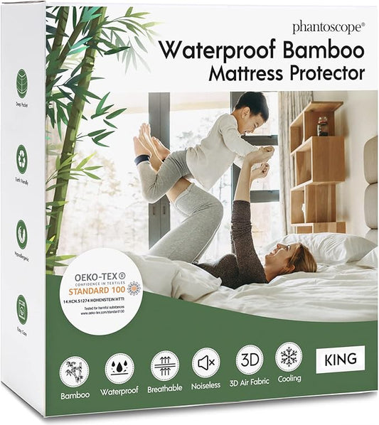 Phantoscope 100% Waterproof Mattress Protector, King, Mattress Cover 3D Air Soft Fabric, Mattress Pad Cover with 18'' Deep Pocket, Noiseless Washable, King Size