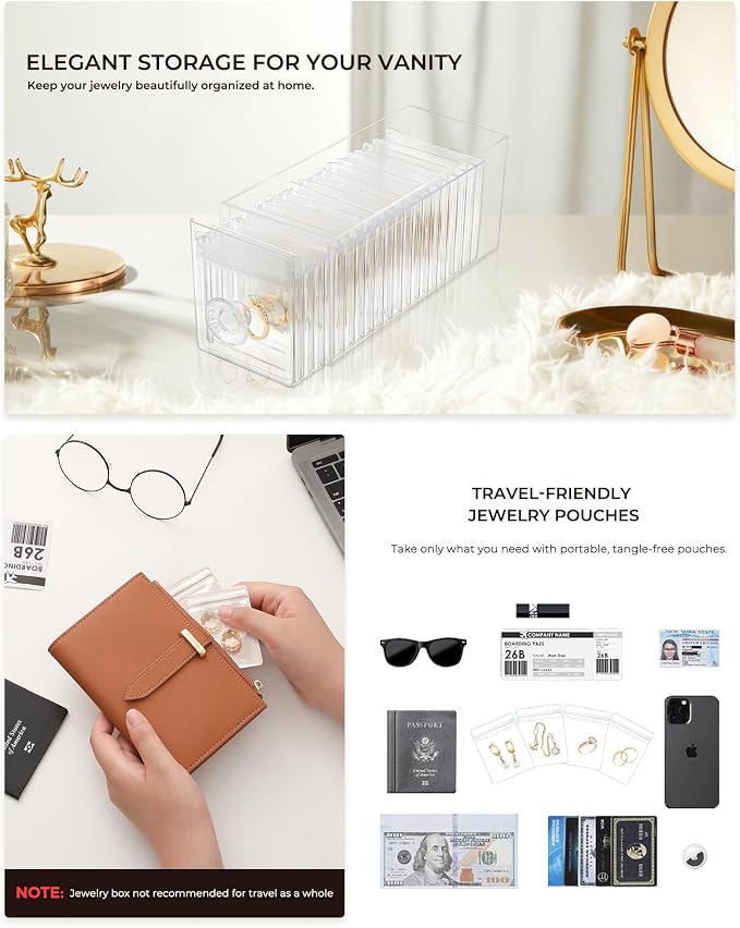 HOMEHIVE Clear Acrylic Jewelry Organizer Box with 20 Portable Pouches, Jewelry Storage Case for Women Girls, Tangle-Free, Anti-Tarnish, Compact Storage for Necklaces/Earrings/Rings, Upgraded Clear - Image 6