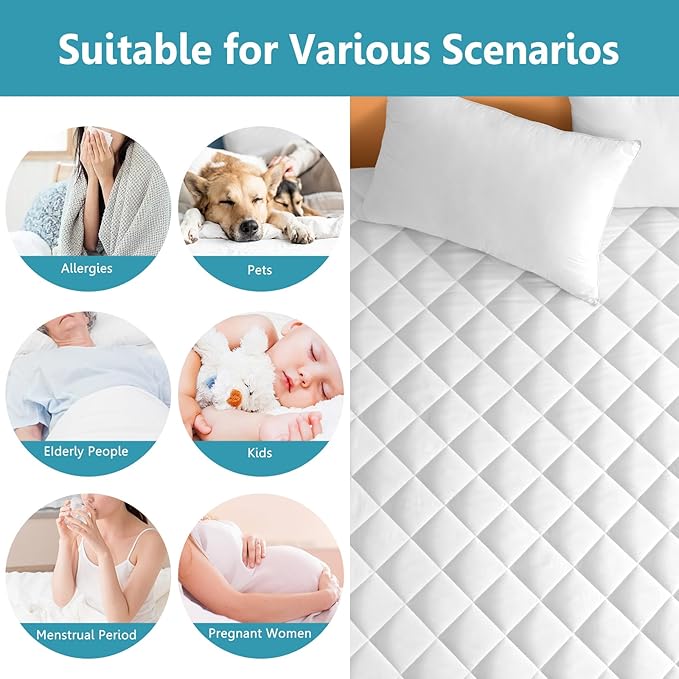 Queen Size Quilted Fitted Mattress Pad Cover, 100% Waterproof Mattress Protector, Deep Pocket Fitted 8" - 21", Breathable & Noiseless, Soft and Comfortable (60" x 80", White)