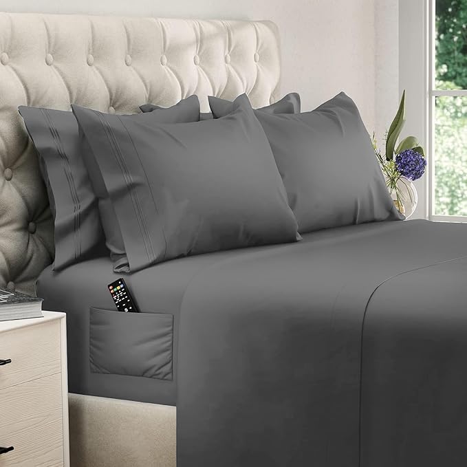 DREAMCARE King Size Sheets Set - 6 pcs Breathable Cooling Bed Sheets - up to 15" Deep Pocket King Sheet Set with Side Pockets - Extra Soft 100% Brushed Hypoallergenic Hotel Luxury Bedding - D Gray