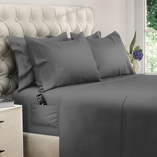 DREAMCARE King Size Sheets Set - 6 pcs Breathable Cooling Bed Sheets - up to 15" Deep Pocket King Sheet Set with Side Pockets - Extra Soft 100% Brushed Hypoallergenic Hotel Luxury Bedding - D Gray