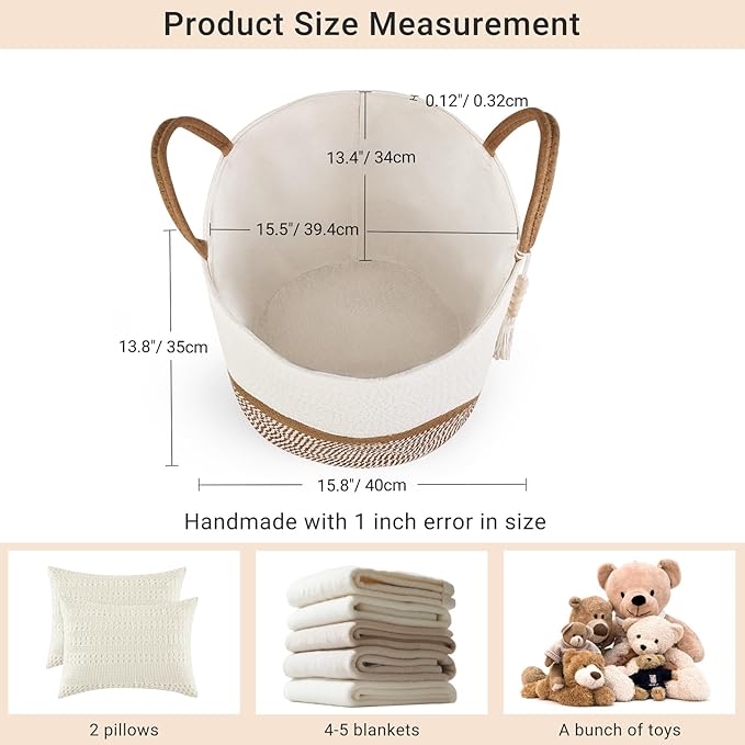 Mkono Woven Storage Basket Decorative Natural Rope Basket Wooden Bead Decoration for Blankets,Toys,Clothes,Shoes,Plant Organizer Bin with Handles Living Room Home Decor, 16"W×13.8"L, White and Brown - Image 7