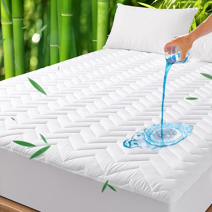 Unilibra Queen Size Waterproof Mattress Pad Rayon Made from Bamboo, Quilted Breathable Mattress Protector, 6''-25'' Deep Pocket Fitted Mattress Cover White