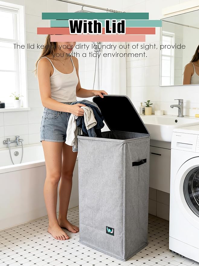 WTREE Laundry Hamper with Lid, Reinforced Sturdy Clothes Hamper with Anti-Puncture Base, Large Collapsible Laundry Basket with Removable Liner Bag, Tall Dirty Clothes Bin for Family, 100L Grey - Image 2