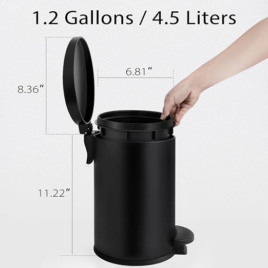 TIPGO 1.2 Gallon Small Black Trash Can, 4.5 Liters Bathroom Garbage Can with lid, Mini Step Trash Bin, Stainless Steel Wastebasket for Bathroom, Bedroom, Office (Matte Black) - Image 4