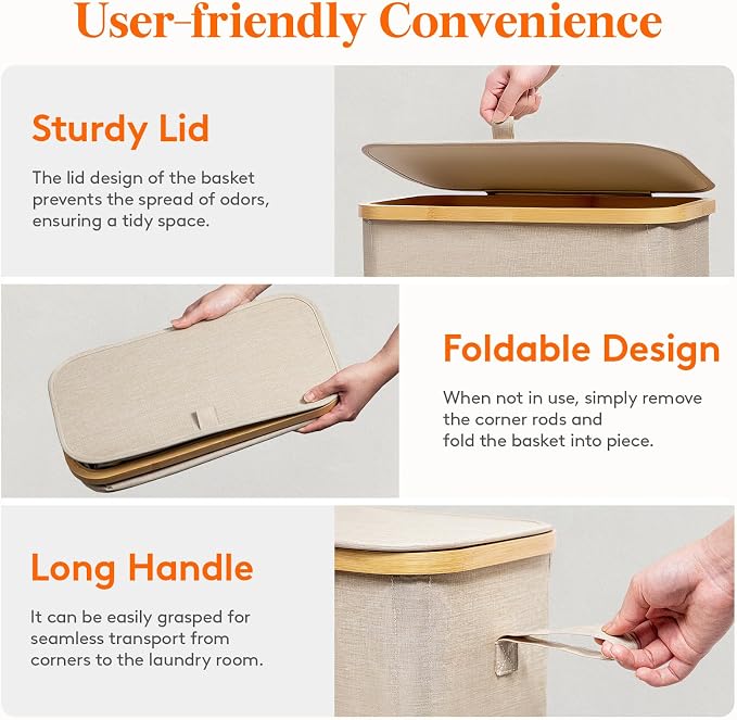 Lifewit 75L Slim Laundry Hamper with Lid, Narrow Laundry Basket with Removable Bag & Bamboo Handles, Fodable Thin Dirty Clothes Hamper for Laundry Collapsible Bin for Bathroom Bedroom Dorm, Beige - Image 5