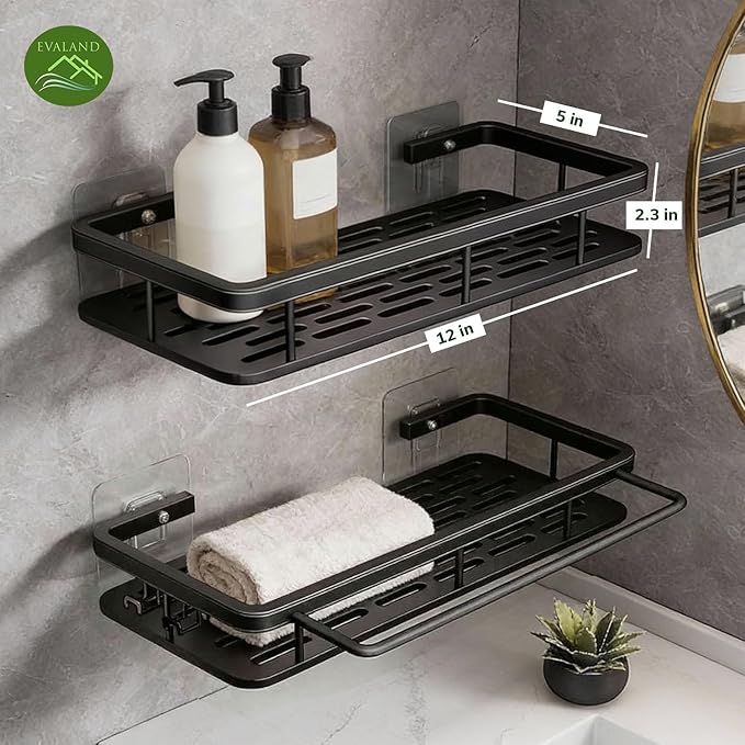 EVALAND Shower Caddy Adhesive 2-Pack with Hooks and Rod for Towels, Black – Premium Bathroom Shower Shelves, Shampoo Organizer, Bathtub Shelf, Rustproof, Easy Installation, Sturdy Modern Look - Image 2