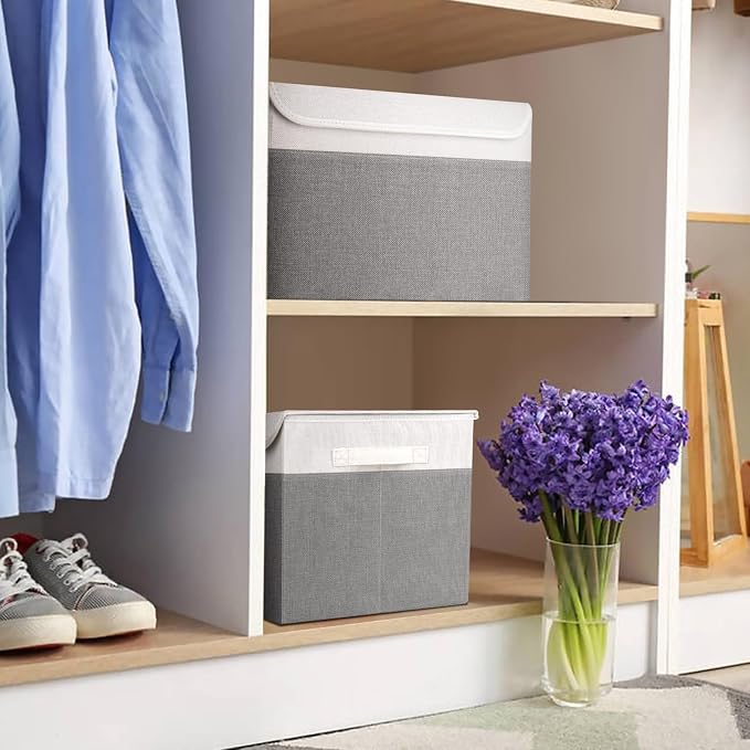Bagnizer Large 17" 42 Quarts Collapsible Stackable Storage Bins with Lids [3-Pack] Foldable Fabric Linen Storage Boxes Cube, Closet Organizer Baskets with Label (16.7 x 12 x 12, Gray & White) - Image 7