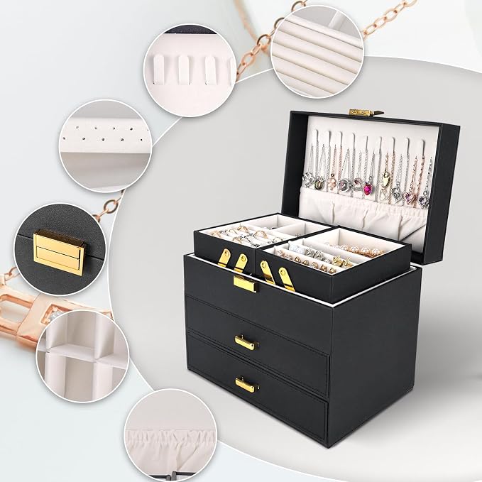 Dajasan Jewelry Organizer Box, Large Jewelry Boxes for Women Girls, Space-Saving 4 Layers Jewelry Storage Case with Drawer, Movable Metal Stand, Modern, Gift Idea (Black + Gold) - Image 4