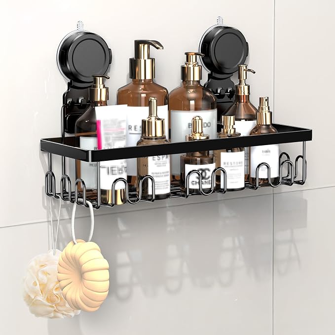 JOTPE Shower Caddy Suction Cup, Powerful Suction Storage Shelf Holds Up to 40 lbs, No Drilling Bathroom Organizer with Large Capacity, Removable & Reusable Shower Basket with Hooks, Rustproof, Black by SHOWERORGANIZERANDSTORAGE