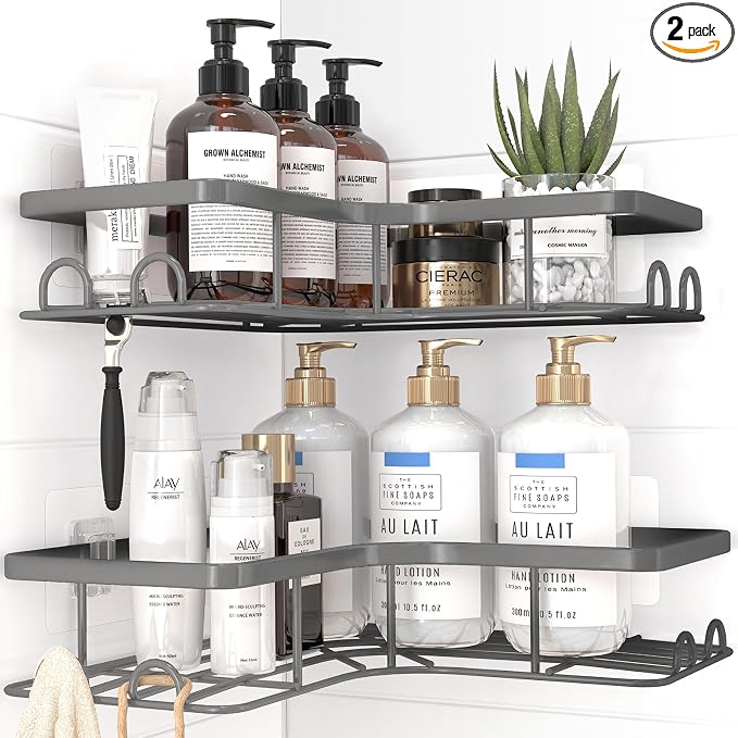 Sakugi Corner Shower Caddy - 2 Pack, Adhesive Shower Organizers, Rustproof Stainless Steel Shower Shelves with 8 Hooks, No Drilling Bathroom Organizers and Storage Racks, Space-Saving, Grey, Large by Sakugi