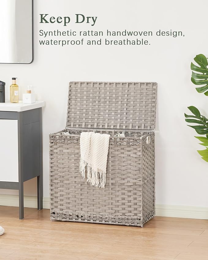 SETVSON Laundry Hamper with Lid Laundry Basket 132 L (35 Gal) Wicker Clothes Hamper, Handwoven Rattan Hamper with Handles and 4 Removable Liner Bags, 6 Mesh Bags for Laundry Bedroom Gray - Image 2