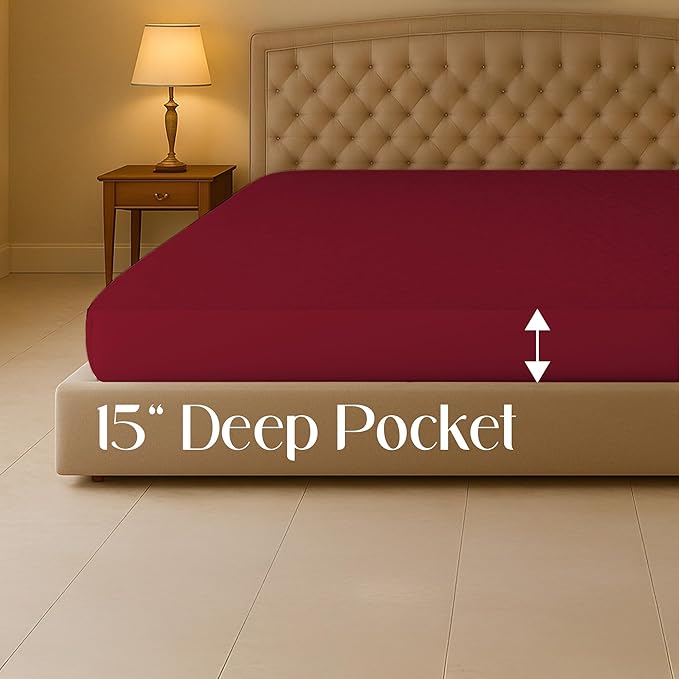 SGI Bedding Waterproof Florida King 80" x 108" Extra Large Bed Mattress Pad Cover, 15" Deep Pocket, Soft Noiseless & Breathable Fitted Sheet Style Mattress Protector – Burgundy