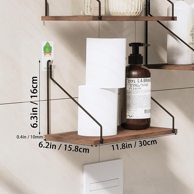 QsQueen Elevate Your Space with Rustic Wood Floating Shelves Set of 3- Perfect for Bedroom, Living Room, Bathroom, and Kitchen Decor - Easy Installation, No Drilling Needed! Brown - Image 3