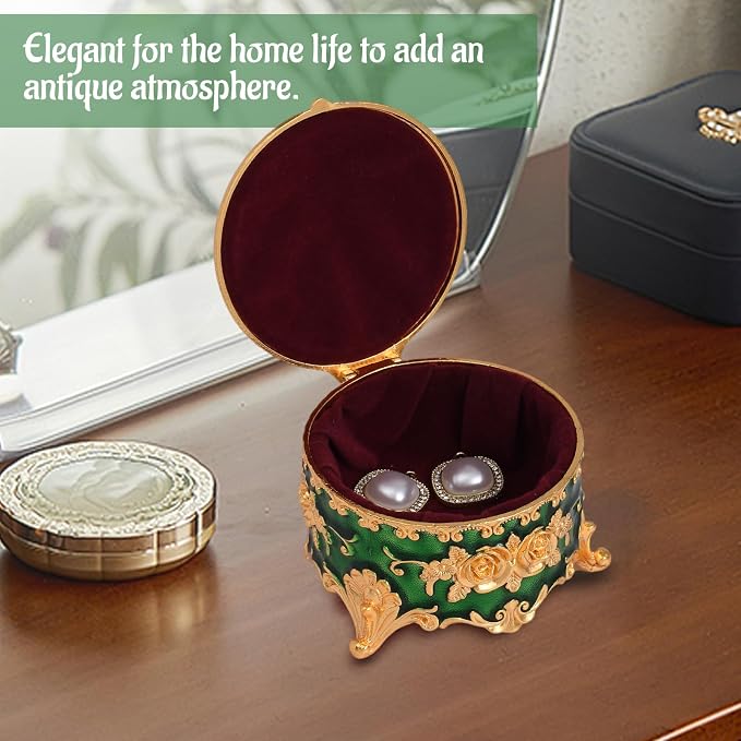 Vintage Jewelry Box, Gold Round Treasure Ring Box, Metal Trinket Organizer Keepsake Box Gift for Girl Women, Green - Image 7