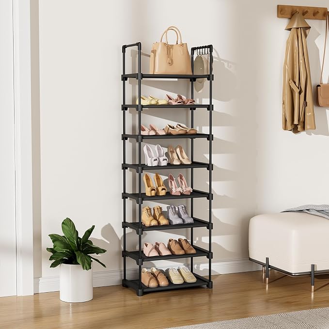 LANTEFUL Tall Shoe Rack 8 Tiers, 16-20 Pairs Shoe and Boots Organizer Storage Sturdy Shoe Shelf, Narrow Vertical Shoe Rack for Entryway, Closet, Metal Shoe Organizer with 5 Hooks - Image 7