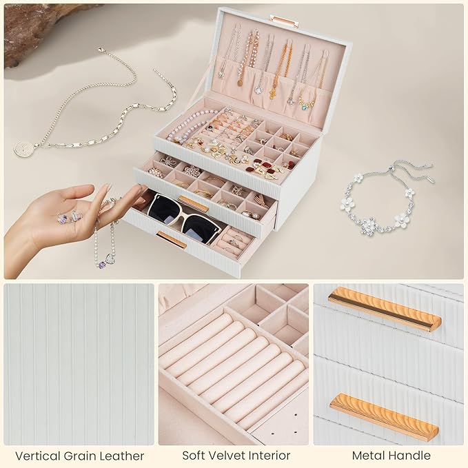 Dajasan Jewelry Box Organizer, 3-Tier Large Jewelry Storage Organizer with 2 Drawers, Space-Saving Jewelry Boxes for Women, PU Leather Surface with Texture, Gift Idea, Modern Style (White) - Image 4