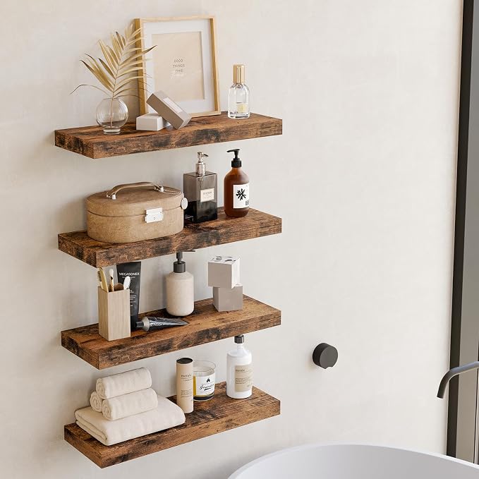 Fixwal Wood Floating Shelves, Wall Shelves Set of 4, Shelves for Wall Decor, with Invisible Brackets for Bathroom, Living Room,Bedroom and Kitchen(Rustic Brown) - Image 5