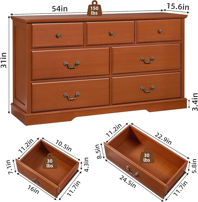 Farmhouse Dressers & Night Stand,54" Wide 7 Drawer Dresser & 18" Wide 2 Drawers End Table with Charging Station,Furniture Dresser Sets for Home,Caramel