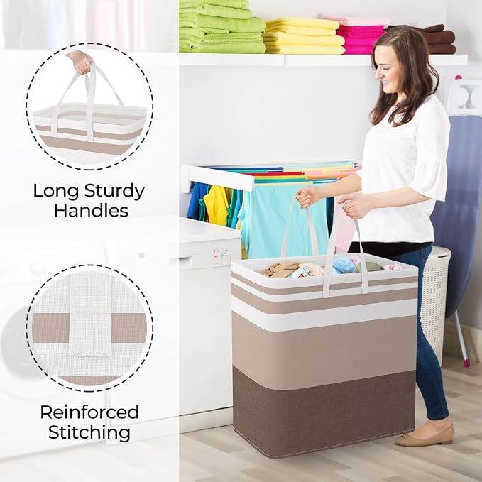 StorageRight Large Collapsible Laundry Basket Hamper with Easy Carry Handles，Freestanding Clothes Hampers for Laundry, Bedroom, Dorm, Towels, Toys, 100L, Khaki - Image 4