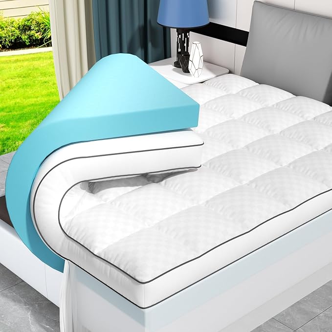 Dual Layer 4 Inch Memory Foam Mattress Topper California King, 2 Inch Cooling Gel Memory Foam and 2 Inch Pillow Top Mattress Pad Cover for Back Pain, Deep Elastic Pocket, Medium Support, White