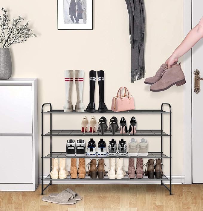 KEETDY 4-Tier Long Shoe Rack for Closet Metal Shoe Organizer for Entryway, Wide Stackable Shoe Storage Shelf with Sturdy Wire Grid for Closet Floor, Bedroom, Black - Image 2