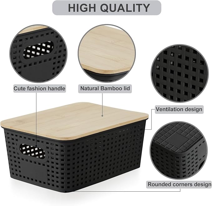 Bagnizer Small Plastic Storage Bins with Bamboo Lids 5.2qt Stackable Box Basket Pantry Decorative Containers Cute with Labels for Organizing Desktop Closet Office Black of 6 packs 10 * 7.2 * 4.1" - Image 3